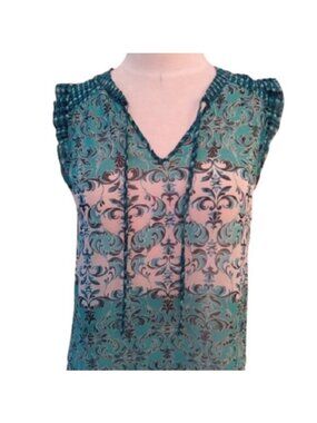 Elle Ruffled Cap Sleeve Top Shirt Blouse, Teal Blues, Size XS